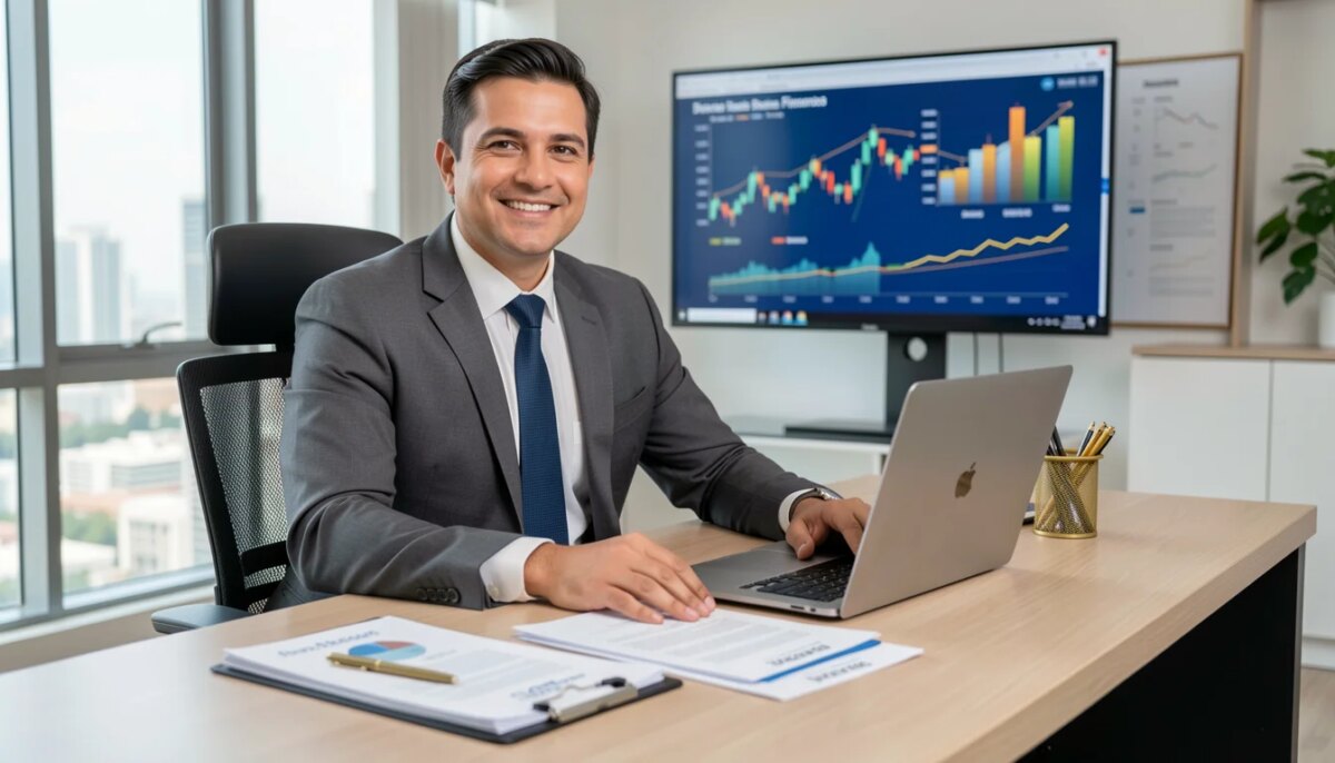 Empresário brasileiro organizando finanças pessoais e empresariais no escritório