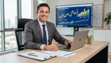 Empresário brasileiro organizando finanças pessoais e empresariais no escritório