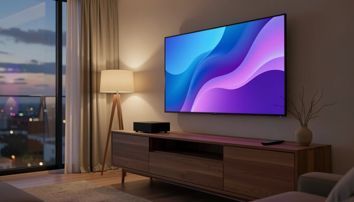 Você sabia que tem como colocar IPTV na TV Box? Veja como funciona TV Box moderna em sala de estar brasileira com TV de tela grande exibindo gradiente colorido.