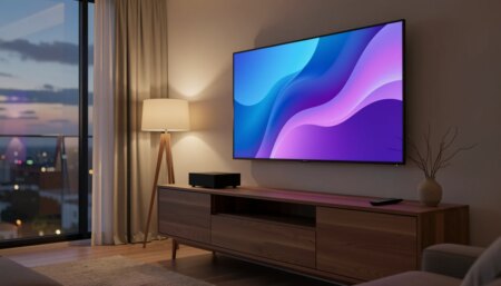 Você sabia que tem como colocar IPTV na TV Box? Veja como funciona TV Box moderna em sala de estar brasileira com TV de tela grande exibindo gradiente colorido.