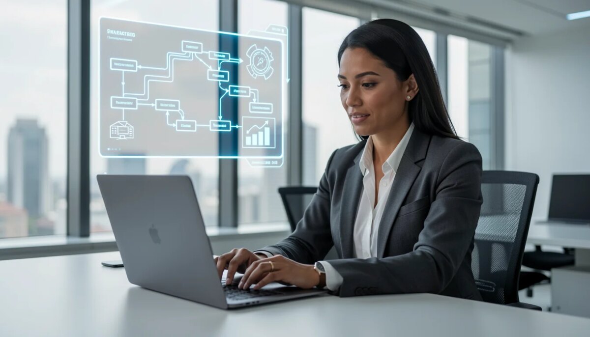 Executivo brasileiro usando tecnologia de automação em escritório moderno