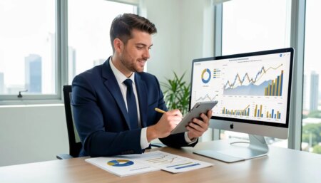 Consultor financeiro brasileiro analisando gráficos e documentos em escritório moderno.
