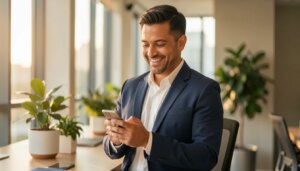 Personalização digital: 5 recursos simples para humanizar a comunicação online Profissional brasileiro sorrindo ao usar smartphone em escritório moderno