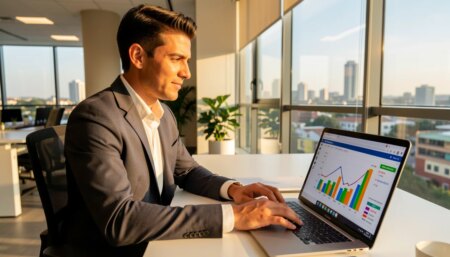 SEO em Campinas: Raio-X do Mercado Local e Estratégias para Dominar o Google Profissional de marketing digital analisando dados de SEO em escritório moderno em Campinas