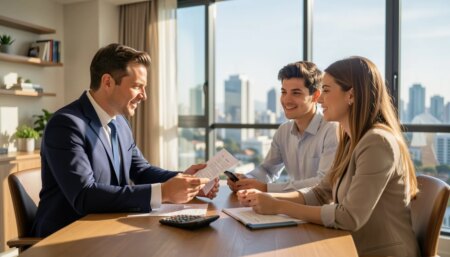 Como funciona o reajuste do aluguel ano após ano Casal brasileiro analisa contrato de aluguel com consultor financeiro em apartamento moderno.