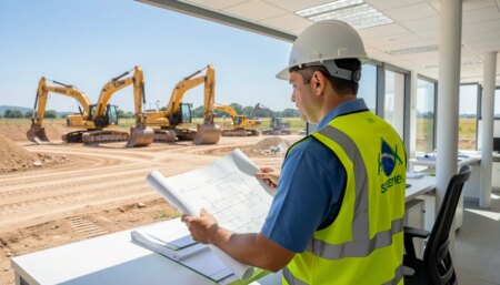 Equipamentos para Obra em BH: Seu Projeto Engenheiro civil analisando plantas em canteiro de obras com equipamentos modernos em BH