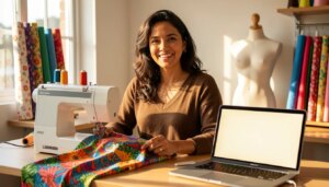Onde Fazer Curso de Corte e Costura Online e Gratuito Empreendedora brasileira sorridente em ateliê de costura com máquina, tecidos e laptop.