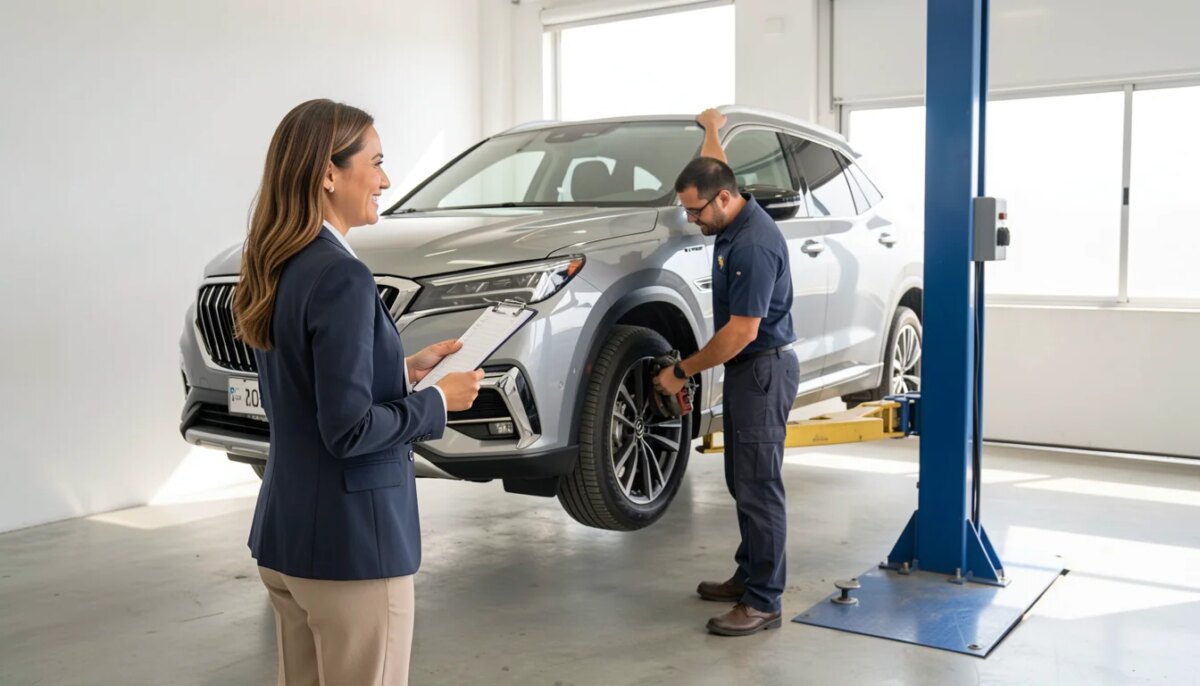 Vai pegar estrada? 12 coisas para conferir no carro antes de viajar Empresária brasileira conferindo checklist pré-viagem de um SUV em oficina moderna com mecânico ao fundo.