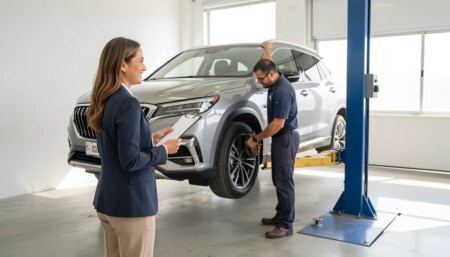 Vai pegar estrada? 12 coisas para conferir no carro antes de viajar Empresária brasileira conferindo checklist pré-viagem de um SUV em oficina moderna com mecânico ao fundo.