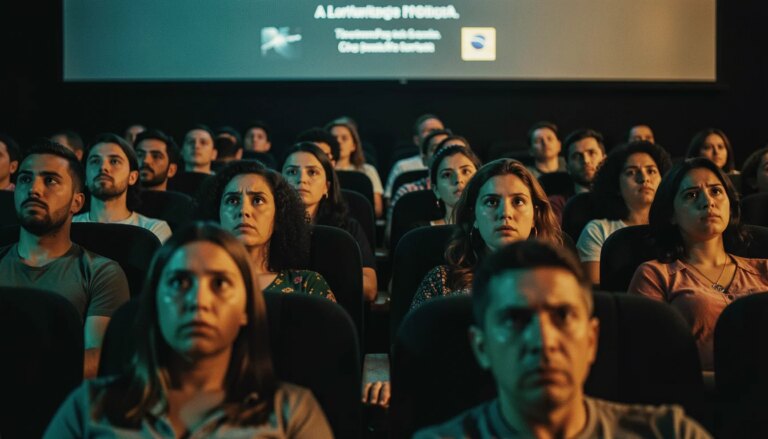 Plateia em cinema escuro surpresa com o final inesperado do filme