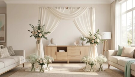 9 Opções de Decoração de Batizado Simples em Casa Decoração simples de batizado em casa com arco de tecido, flores brancas e paleta neutra em sala iluminada