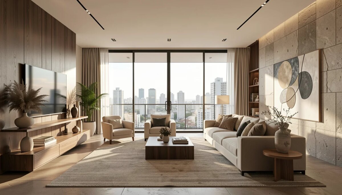 Living amplo de apartamento de 4 suítes em São Paulo com vista para a cidade