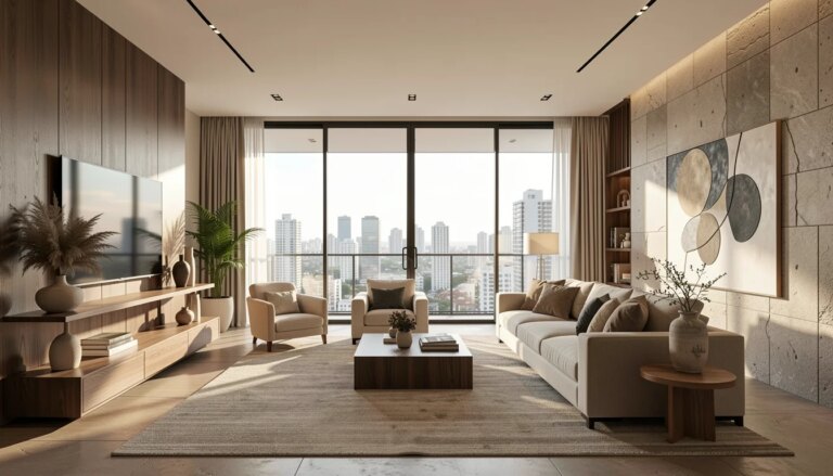Apartamento 4 Suítes em SP: Qual o Tamanho Ideal Para Conforto e Privacidade? Living amplo de apartamento de 4 suítes em São Paulo com vista para a cidade
