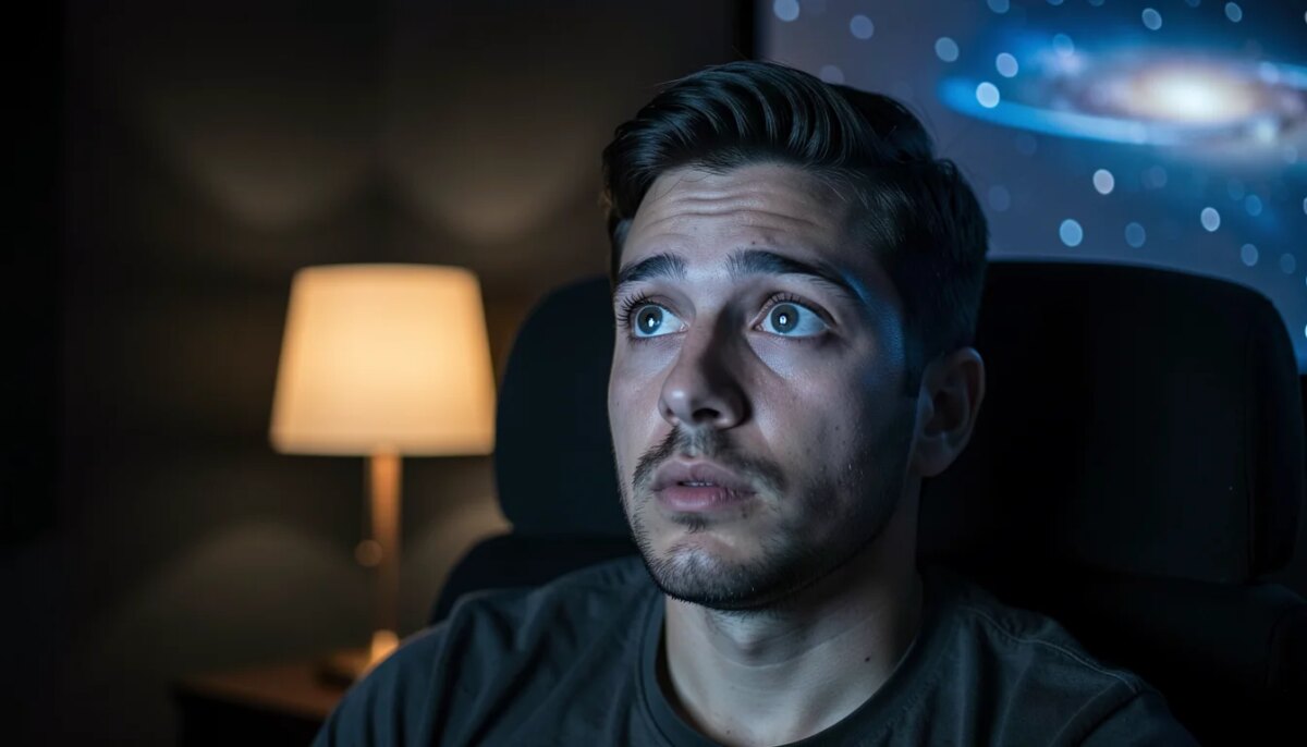 Homem assistindo ficção científica espacial em home theater com luz azul da tela