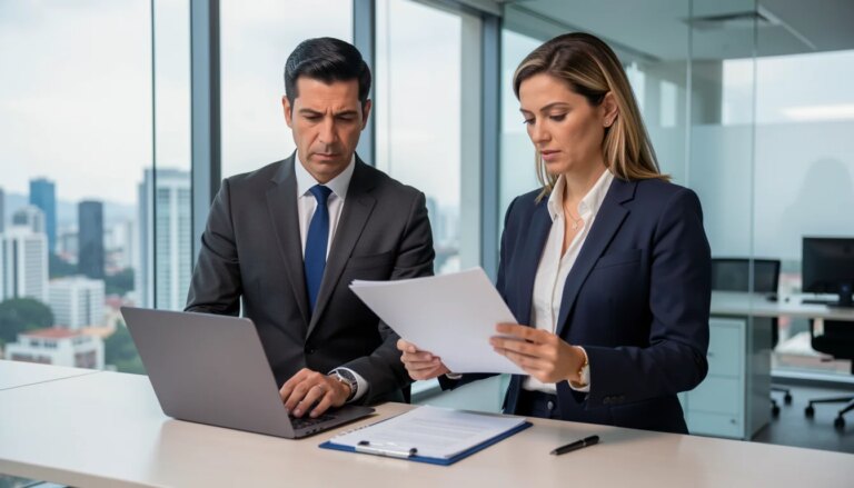 Investigação empresarial profissional SP: como reduzir riscos e decidir com segurança Executivos analisando documentos em escritório moderno de São Paulo durante investigação empresarial.
