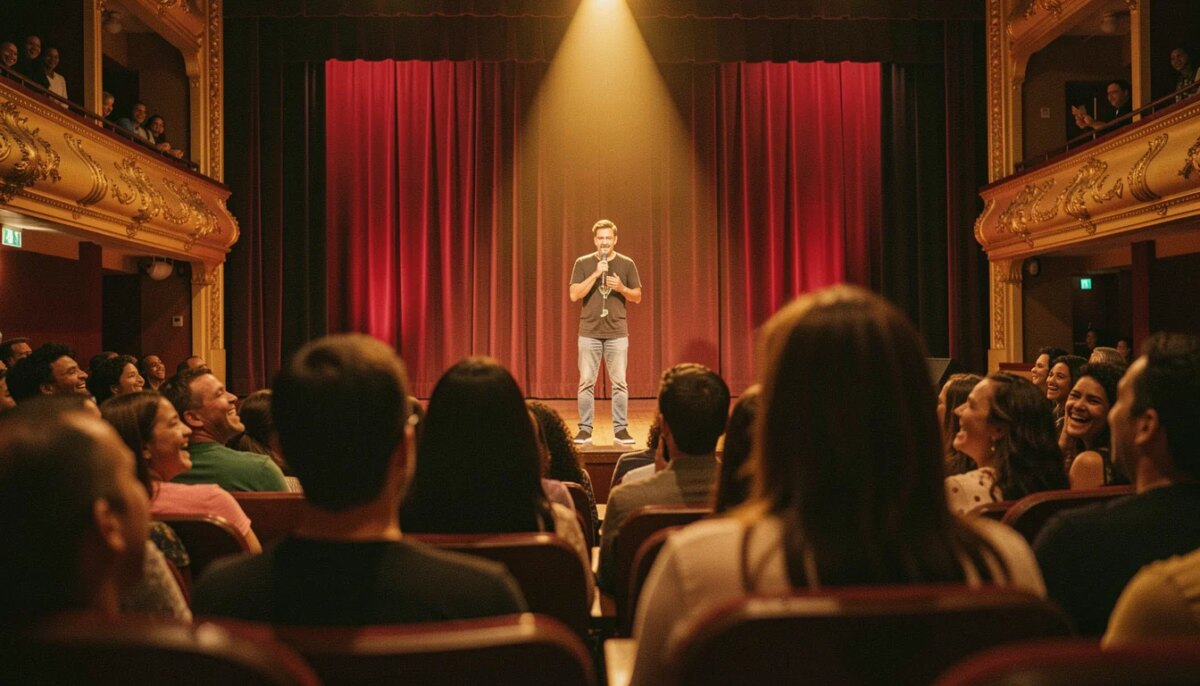 Plateia brasileira rindo em teatro durante show de comédia, iluminação quente e cinematográfica