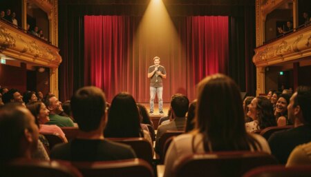 Elitismo na comédia brasileira: por que desprezamos o que nos faz rir? Plateia brasileira rindo em teatro durante show de comédia, iluminação quente e cinematográfica