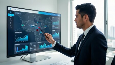 Monitoramento de frotas para pequenas empresas: quando vale a pena investir? Proprietário de pequena empresa analisando painel de monitoramento de frota em tela digital.
