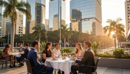 Terraço gastronômico na Avenida Faria Lima, São Paulo, com arranha-céus modernos ao fundo