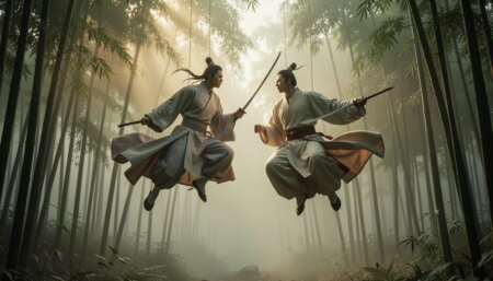 Cena poética de wuxia com guerreiros em floresta de bambu