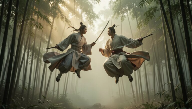 O Tigre e o Dragão: a poesia visual que consagrou Ang Lee no cinema wuxia Cena poética de wuxia com guerreiros em floresta de bambu