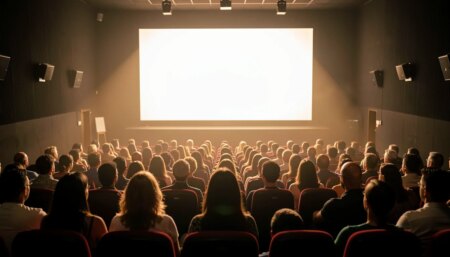 Plateia em cinema lotado assistindo a um grande filme na tela grande