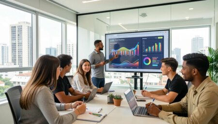 10 melhores agências de marketing digital em São Paulo (Guia Atualizado) Equipe de agência de marketing digital em São Paulo analisando dados em escritório moderno