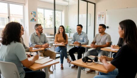 Escolas de inglês: como escolher a ideal para você Adultos brasileiros em aula de conversação em escola de inglês moderna e iluminada