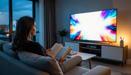 Mulher em sofá moderno com livro ao lado assistindo adaptação na TV