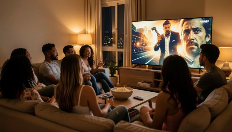 Amigos assistindo a lançamentos de outubro de 2026 em casa no streaming