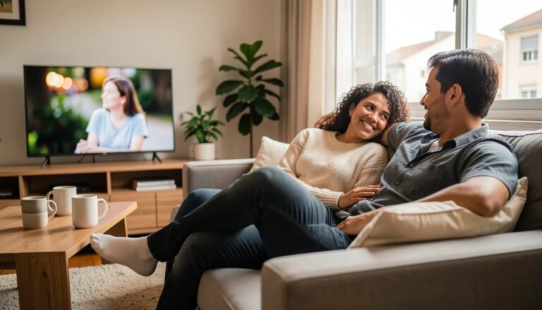 Casal brasileiro em sofá de apartamento moderno assistindo série, atmosfera aconchegante