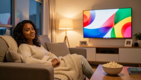 Mulher relaxando no sofá assistindo a um filme curto na TV em sala moderna