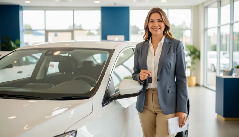 Profissional segura chave ao lado de carro em concessionária, representando empréstimo com garantia de veículo.