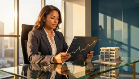 Empresário analisando gráfico de crescimento e garantia de imóvel em escritório moderno