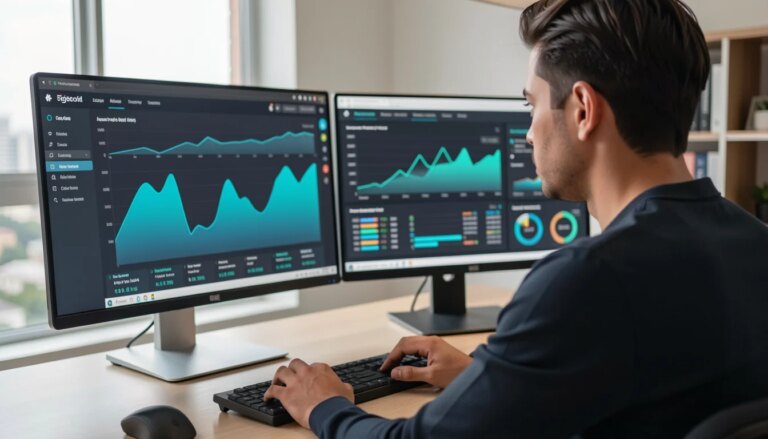 Analista brasileiro compara dados de IA em dois monitores no escritório