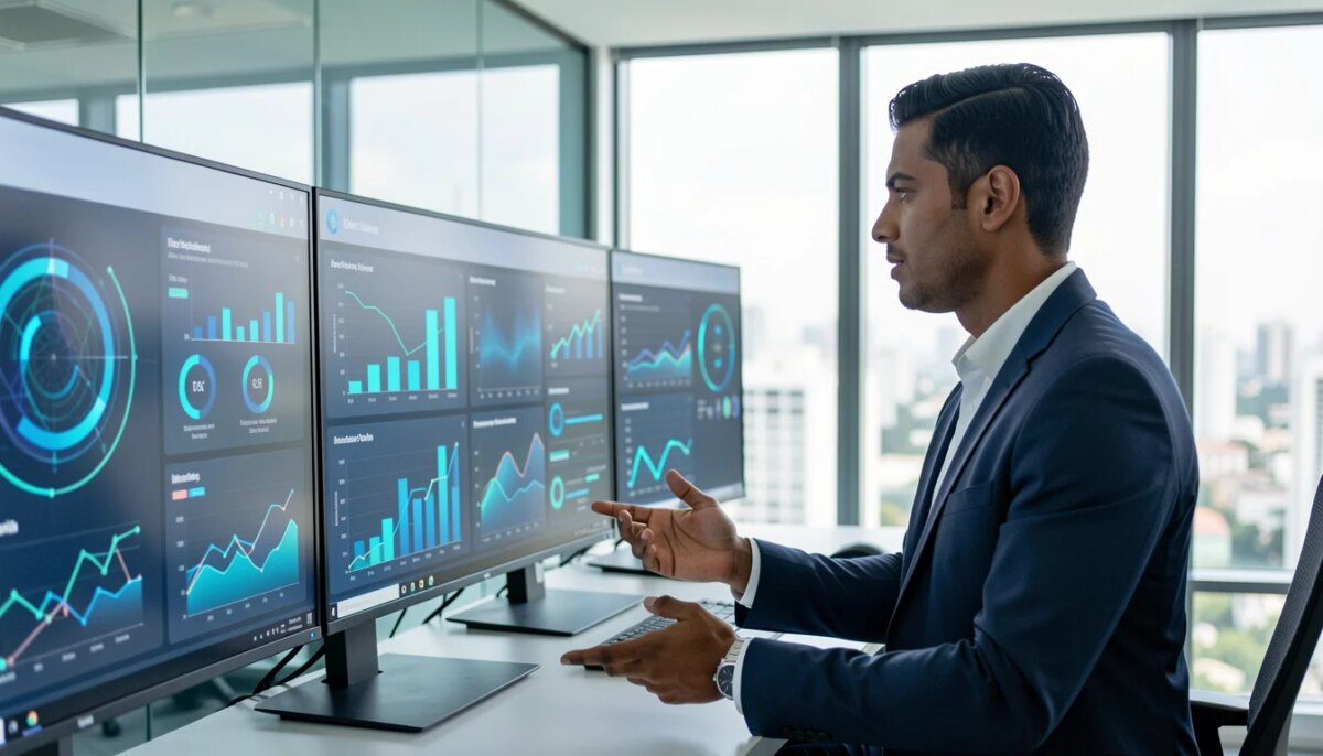 Profissional brasileiro analisando dashboards de inteligência artificial em escritório moderno