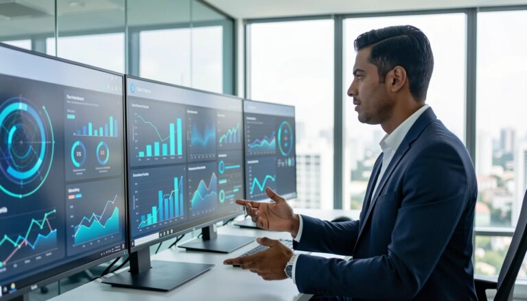 SWEN.AI: conheça o portal brasileiro especializado em inteligência artificial Profissional brasileiro analisando dashboards de inteligência artificial em escritório moderno