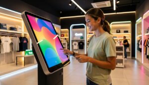 Consumidor interagindo com totem digital interativo em loja moderna
