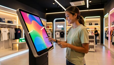 Experiências interativas para lojas: como transformar o PDV e aumentar o engajamento? Consumidor interagindo com totem digital interativo em loja moderna