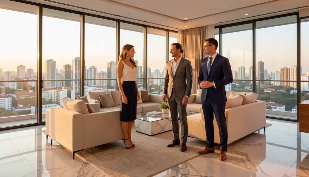 Como comprar um imóvel de alto padrão em São Paulo? Casal com corretor em cobertura de alto padrão com vista para o skyline de São Paulo