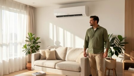 Ar-condicionado para sala: qual potência escolher? Ar-condicionado split instalado em sala de estar moderna e iluminada por luz natural