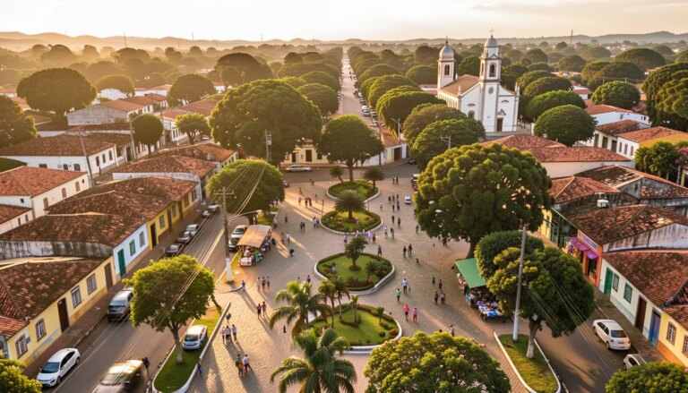 Vida em bairro tradicional: o charme e a infraestrutura do jardim américa Vista aérea de bairro tradicional brasileiro arborizado, com casas, praça e comércio local ao pôr do sol