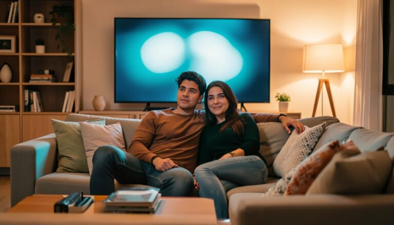 Do Drama à Comédia: As 10 Melhores Séries de 2026 para Todos os Gostos Casal assistindo séries em streaming na sala de casa à noite