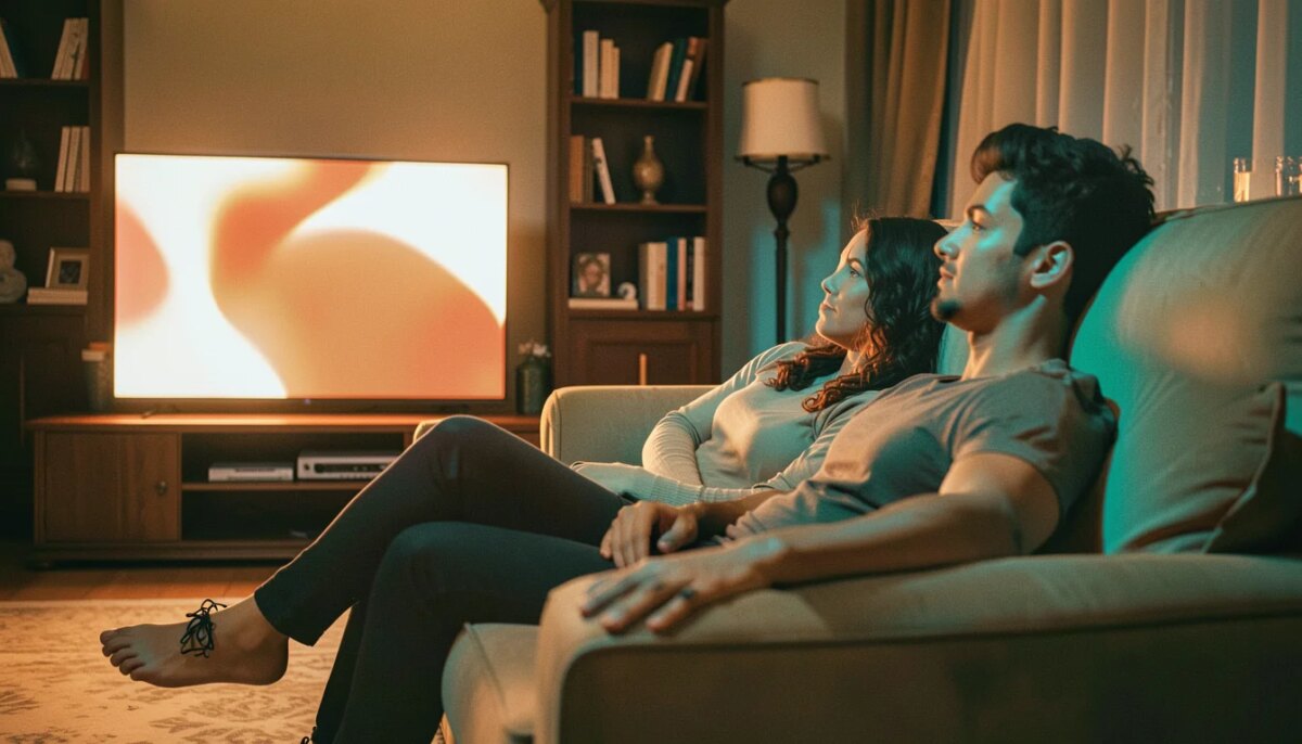 Cinema Asiático Romântico: 7 Obras-Primas e Onde Assistir Casal assistindo filme asiático romântico em casa com luz cinematográfica aconchegante
