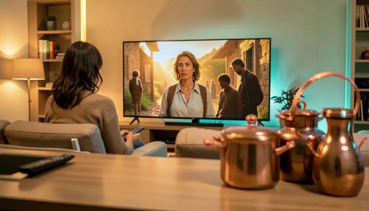 Mulher assistindo a drama de época na TV em sala moderna com luz âmbar