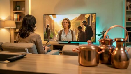 Mulher assistindo a drama de época na TV em sala moderna com luz âmbar