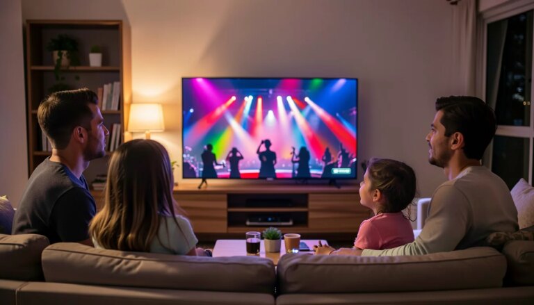 The Voice Brasil 2026 no Disney+: onde assistir, técnicos e horários Família assistindo The Voice Brasil 2026 na smart TV pelo Disney+ e SBT