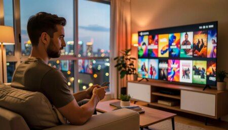 Pessoa em sala moderna escolhendo séries no streaming na TV, luz aconchegante e interface sem texto