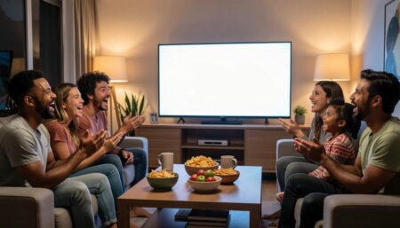 Família brasileira reunida na sala assistindo a uma série em streaming na TV
