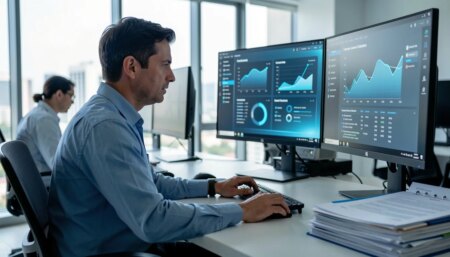 Software sem homologação é vetor de ataque: o roteiro de conformidade e auditoria de licenças Gestor de TI em escritório moderno revisando inventário de licenças de software em auditoria